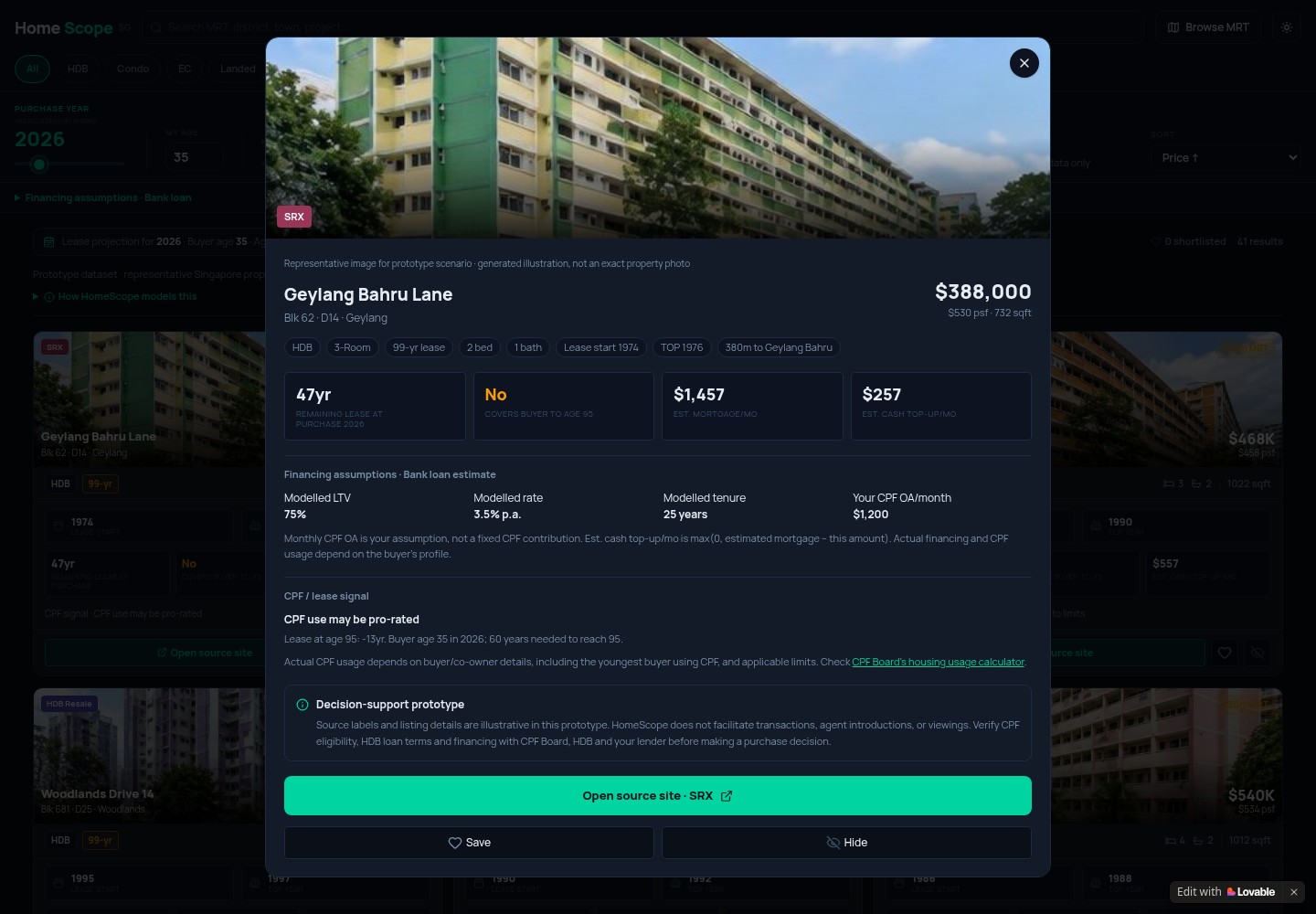 Property detail: current HomeScope SG prototype, representative property scenarios