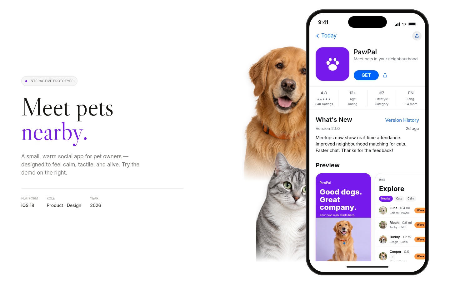 PawPal interactive prototype — iPhone App Store framing, pet photography and Explore preview
